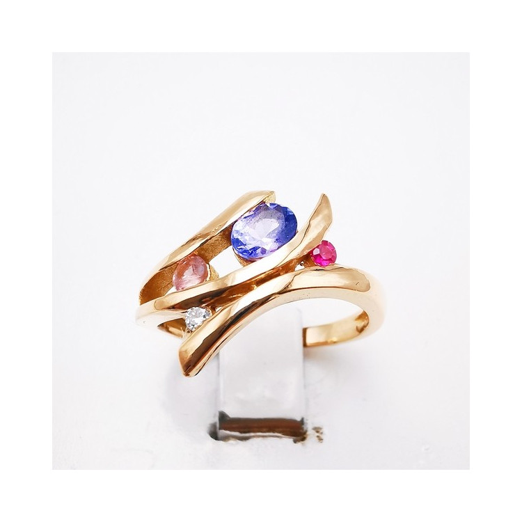 Bague Multipierres Tanzanite, Spinelle, Tourmaline et Diamant Or Rose 750 - 18 carats