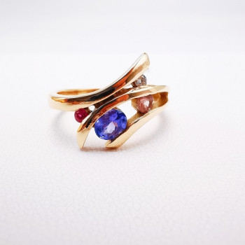 Bague Multipierres Tanzanite, Spinelle, Tourmaline et Diamant Or Rose 750 - 18 carats