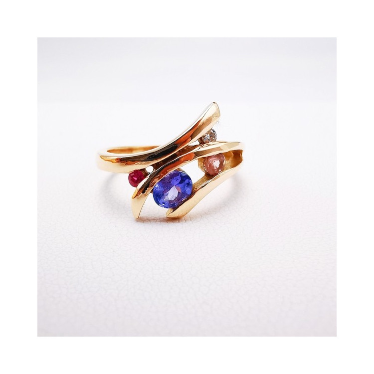 Bague Multipierres Tanzanite, Spinelle, Tourmaline et Diamant Or Rose 750 - 18 carats