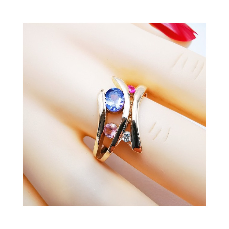 Bague Multipierres Tanzanite, Spinelle, Tourmaline et Diamant Or Rose 750 - 18 carats