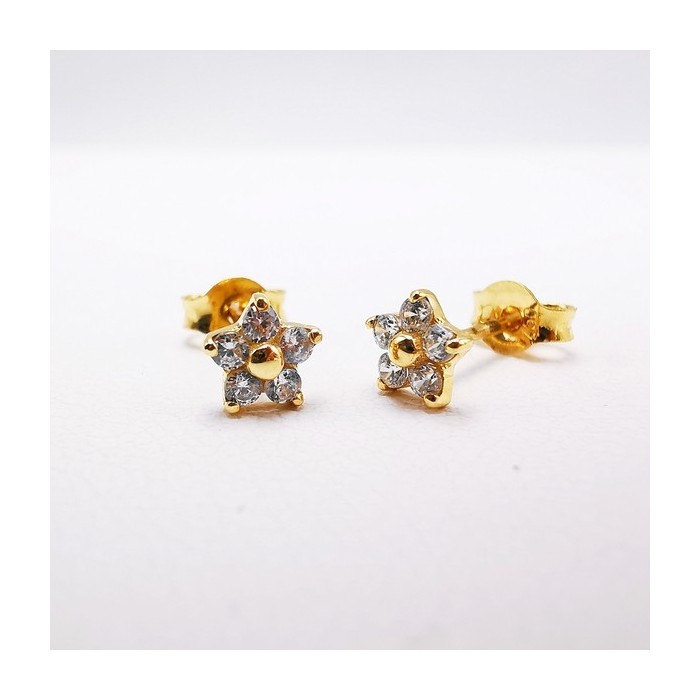 Boucles d'Oreilles Puces Fleur Oxydes de Zirconium Or Jaune 750 - 18 carats