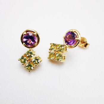 Boucles d'oreilles Améthystes et Péridots Or Jaune 750 - 18 carats