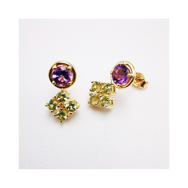 Boucles d'oreilles Améthystes et Péridots Or Jaune 750 - 18 carats