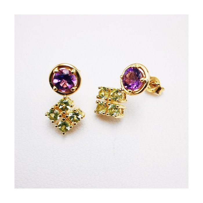 Boucles d'oreilles Améthystes et Péridots Or Jaune 750 - 18 carats