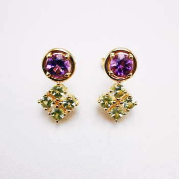 Boucles d'oreilles Améthystes et Péridots Or Jaune 750 - 18 carats