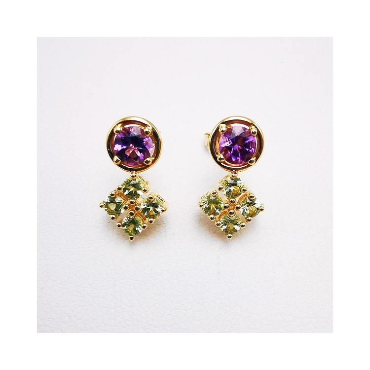 Boucles d'oreilles Améthystes et Péridots Or Jaune 750 - 18 carats