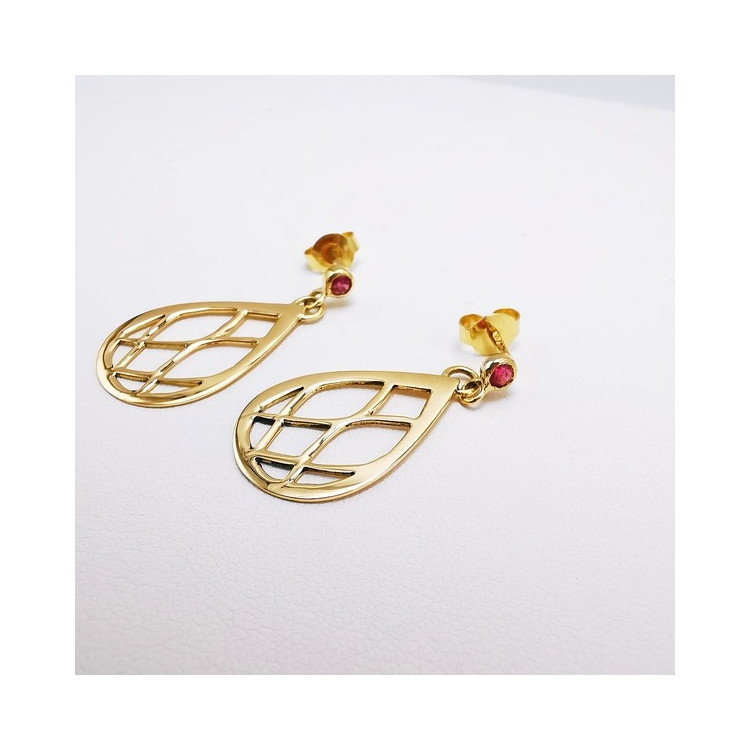 Boucles d'Oreilles Pendantes Arabesque Spinelle Rose Or Jaune 750 - 18 carats Pièce Unique