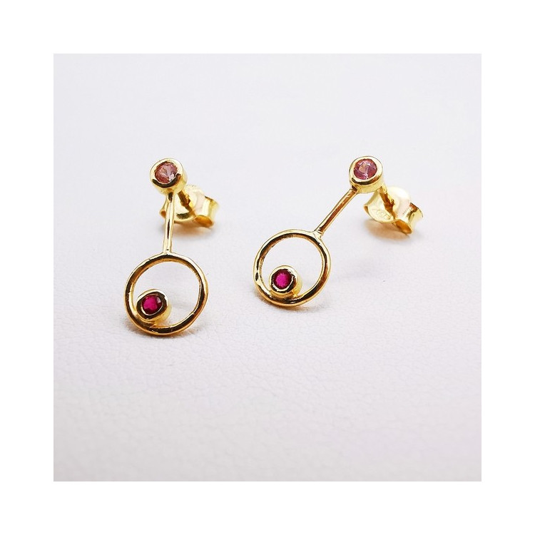 Boucles d'Oreilles pendantes Spinelles roses et Rubis Or Jaune 750 - 18 carats