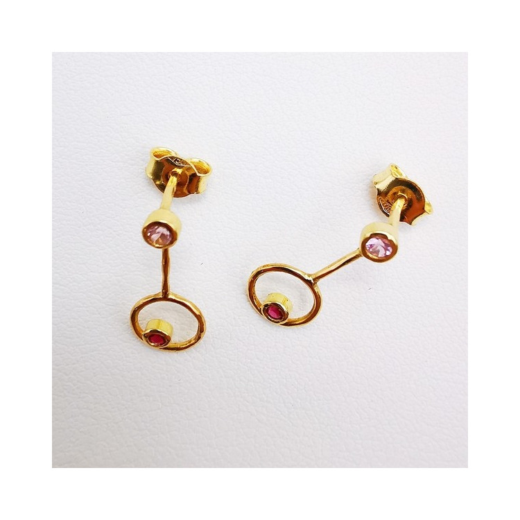 Boucles d'Oreilles pendantes Spinelles roses et Rubis Or Jaune 750 - 18 carats