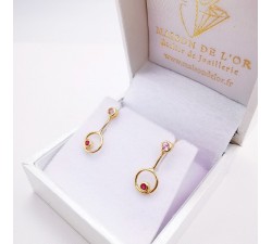 Boucles d'Oreilles pendantes Spinelles roses et Rubis Or Jaune 750 - 18 carats
