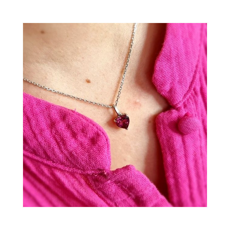 Pendentif Grenat Rhodolite Coeur Or Blanc 750 - 18 carats