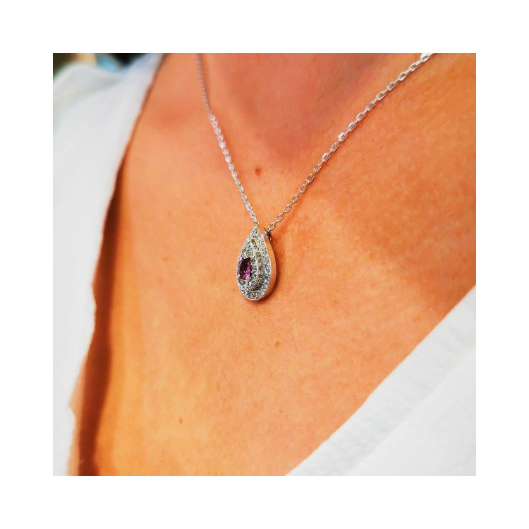 Collier Saphir Rose Diamants Or blanc 750 - 18 carats