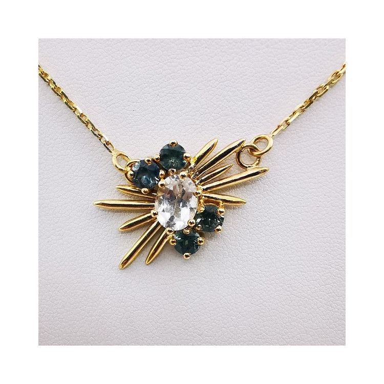 Collier Aigue Marine et Saphirs verts Or Jaune 750 - 18 carats Pièce Unique