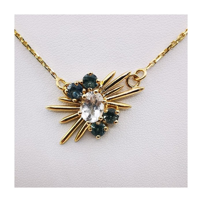 Collier Aigue Marine et Saphirs verts Or Jaune 750 - 18 carats Pièce Unique
