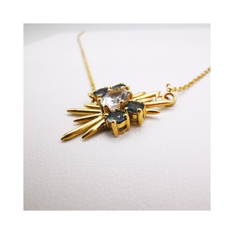 Collier Aigue Marine et Saphirs verts Or Jaune 750 - 18 carats Pièce Unique