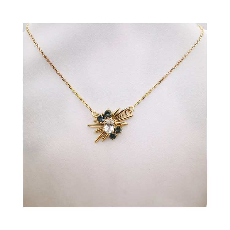 Collier Aigue Marine et Saphirs verts Or Jaune 750 - 18 carats Pièce Unique