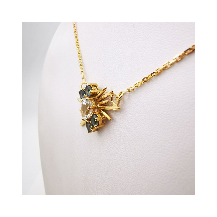 Collier Aigue Marine et Saphirs verts Or Jaune 750 - 18 carats Pièce Unique