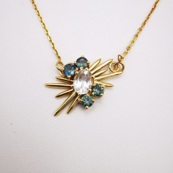 Collier Aigue Marine et Saphirs verts Or Jaune 750 - 18 carats Pièce Unique