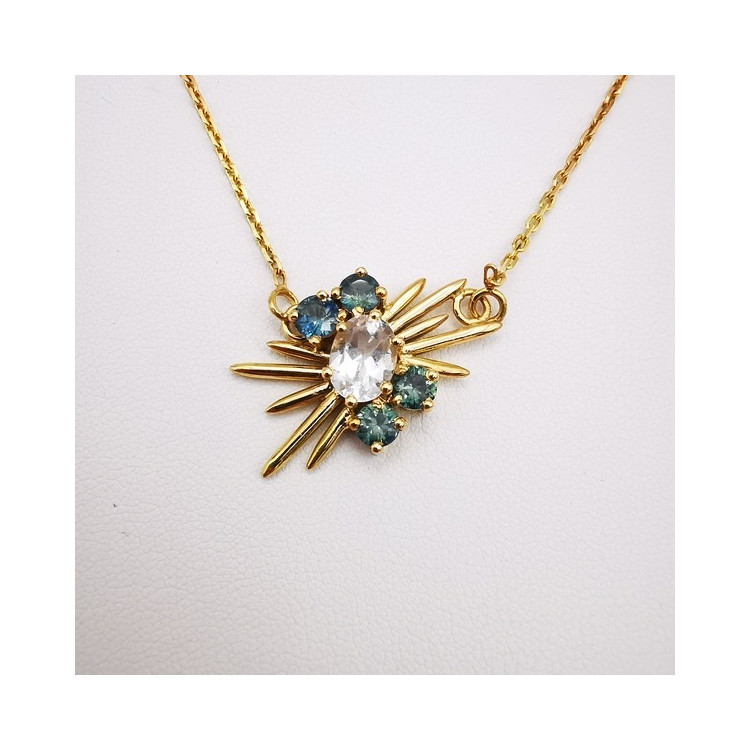 Collier Aigue Marine et Saphirs verts Or Jaune 750 - 18 carats Pièce Unique