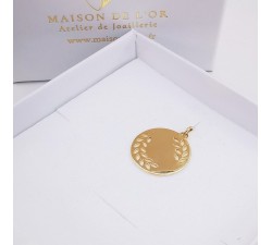 Pendentif Médaille Feuilles Or Jaune 750 - 18 carats