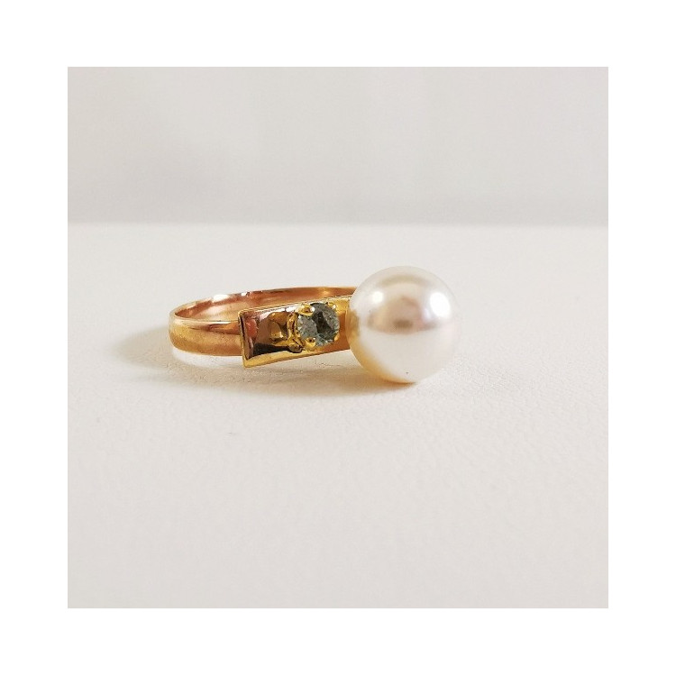 Bague Perle et Aigue Marine Or Jaune 750 - 18 carats