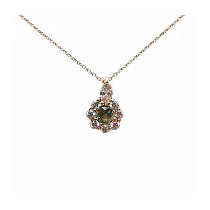 Collier "Lady Marquise" Saphir Vert entourage Diamants de Synthèse Or Rose 750 - 18 carats
