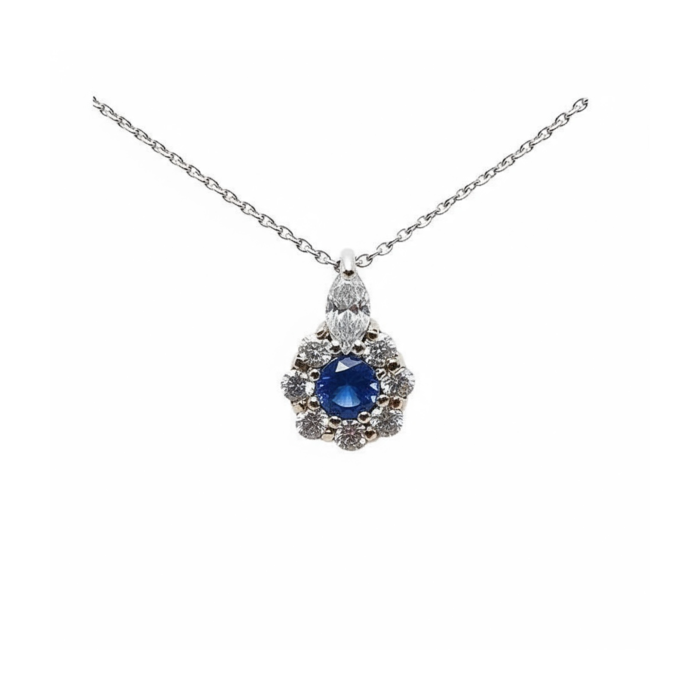 Collier "Lady Marquise" Saphir Bleu entourage Diamants de Synthèse Or Blanc 750 - 18 carats