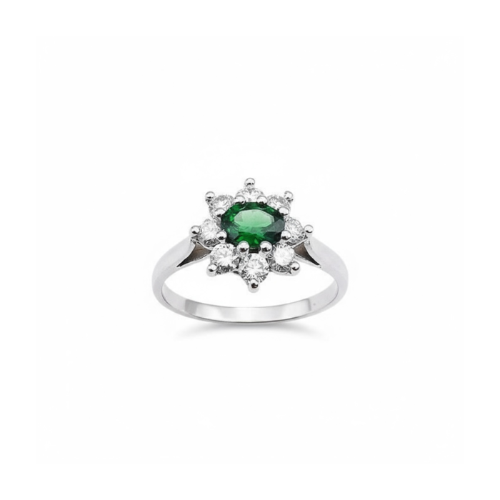 Bague "Baby Lady" Tsavorite Entourage Diamants Or Blanc 750 - 18 carats