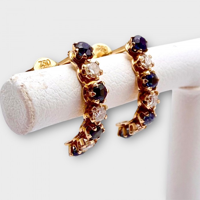Boucles d'Oreilles Demi Créoles Saphirs et Diamants Or Jaune 750 - 18 carats (Bijou d'occasion)