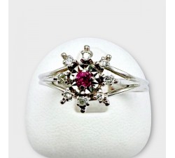 Bague Rubis Entourage Diamants Or Blanc 750 - 18 carats (Bijou Occasion)