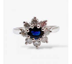 Bague "Baby Lady" Saphir Entourage Diamants Or Blanc 750 - 18 carats