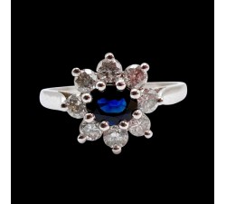 Bague "Baby Lady" Saphir Entourage Diamants Or Blanc 750 - 18 carats