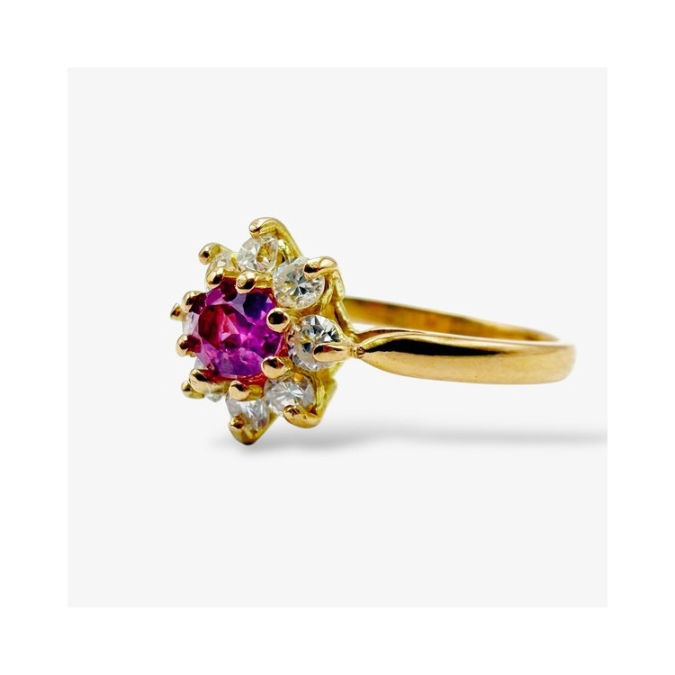 Bague "Baby Lady" Saphir rose Entourage Diamants Or Jaune 750 - 18 carats