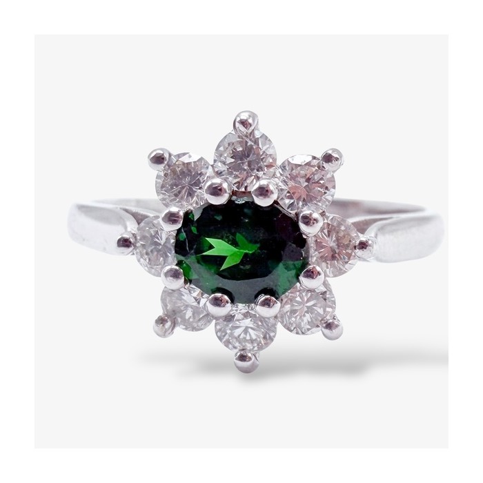 Bague "Baby Lady" Tsavorite Entourage Diamants Or Blanc 750 - 18 carats