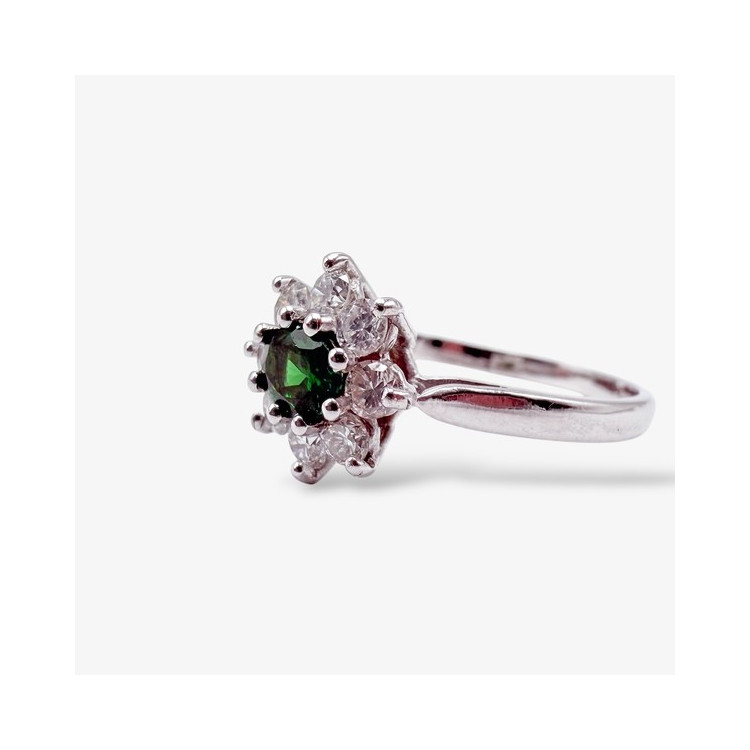 Bague "Baby Lady" Tsavorite Entourage Diamants Or Blanc 750 - 18 carats