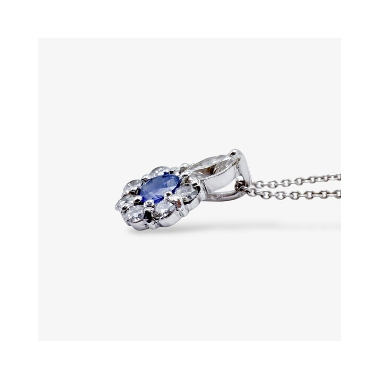 Collier "Lady Marquise" Saphir Bleu entourage Diamants de Synthèse Or Blanc 750 - 18 carats