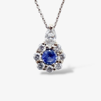 Collier "Lady Marquise" Saphir Bleu entourage Diamants de Synthèse Or Blanc 750 - 18 carats