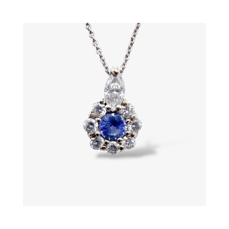 Collier "Lady Marquise" Saphir Bleu entourage Diamants de Synthèse Or Blanc 750 - 18 carats
