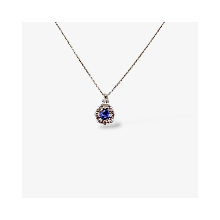 Collier "Lady Marquise" Saphir Bleu entourage Diamants de Synthèse Or Blanc 750 - 18 carats