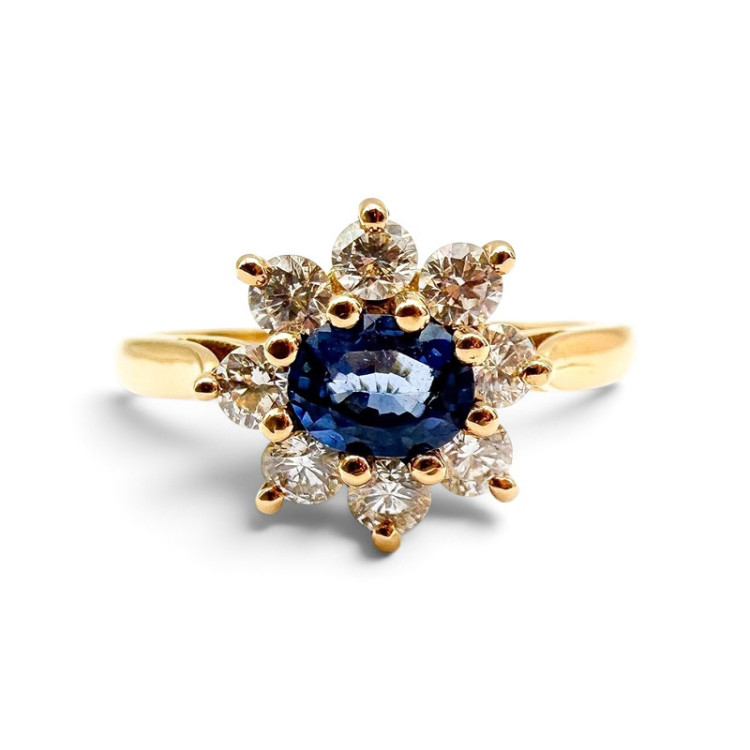Bague "Baby Lady" Saphir Entourage Diamants Or Jaune 750 - 18 carats