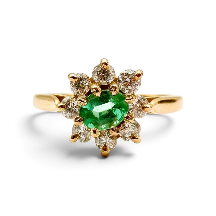 Bague "Baby Lady" Emeraude Entourage Diamants Or Jaune 750 - 18 carats