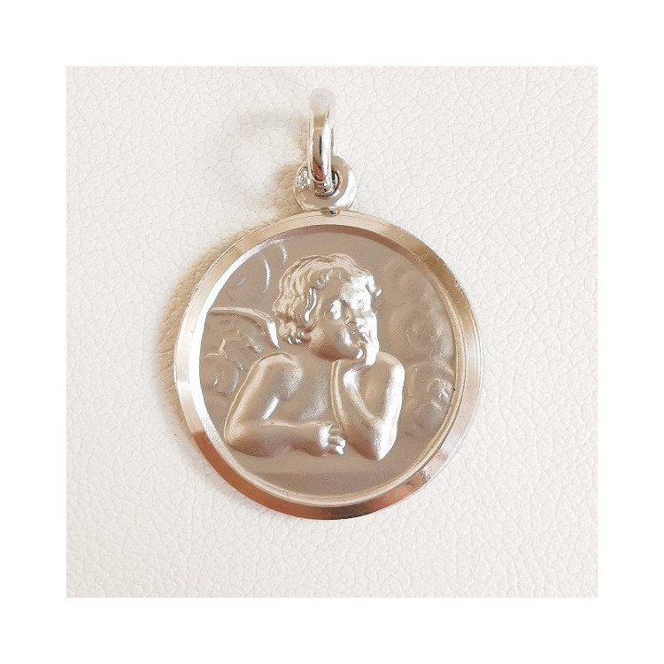 Pendentif Médaille Ange Or Blanc 750 - 18 carats