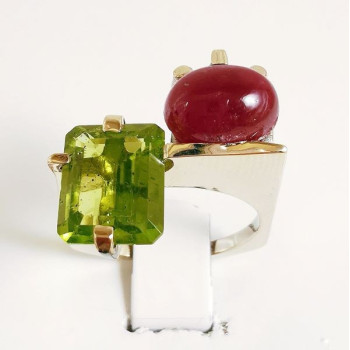 Bague "Jeanne" Péridot Rubis Or Blanc 750 - 18 carats