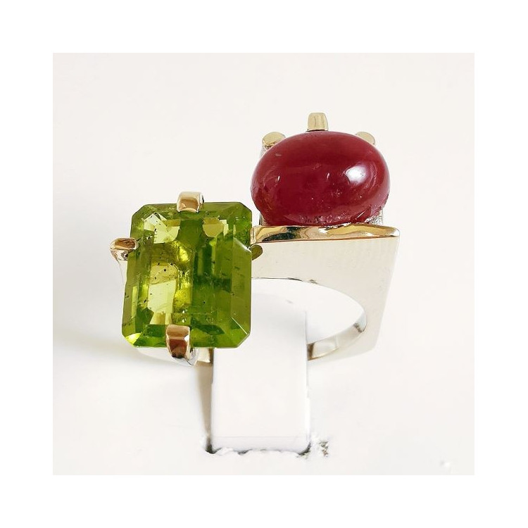 Bague "Jeanne" Péridot Rubis Or Blanc 750 - 18 carats