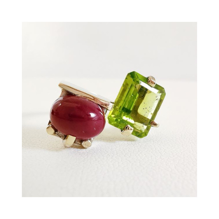 Bague "Jeanne" Péridot Rubis Or Blanc 750 - 18 carats