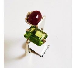 Bague "Jeanne" Péridot Rubis Or Blanc 750 - 18 carats