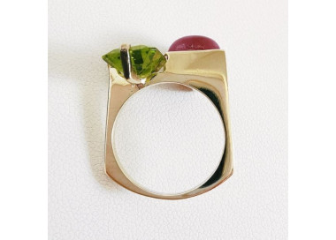 Bague Ancienne Art Déco En Argent Massif - Peridot Vert Et Rubis, Taille 52