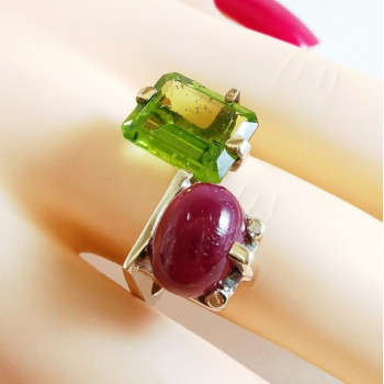 Bague "Jeanne" Péridot Rubis Or Blanc 750 - 18 carats