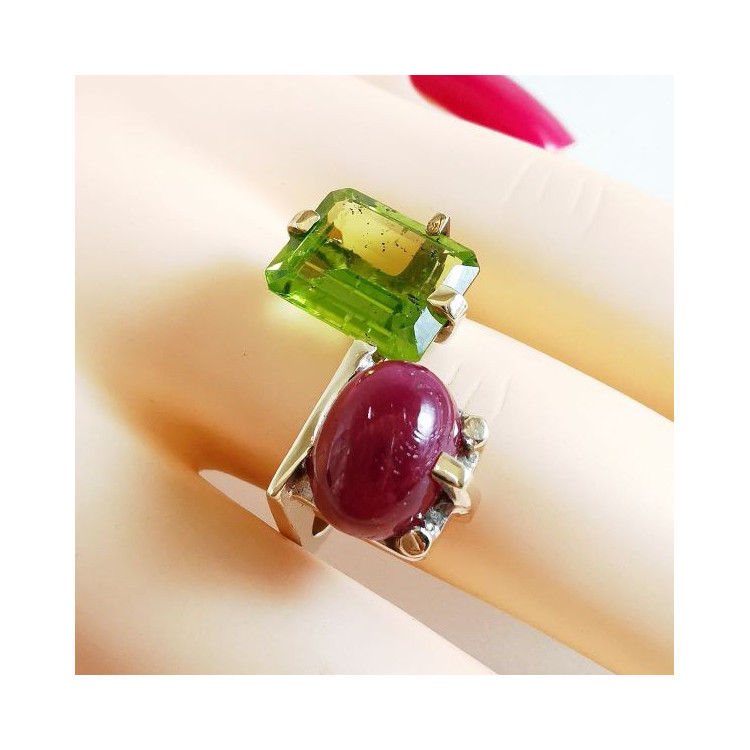 Bague "Jeanne" Péridot Rubis Or Blanc 750 - 18 carats