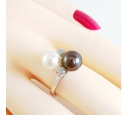 Bague Toi et Moi Perles Diamants Or Blanc 750 - 18 carats (Bijou d'Occasion)
